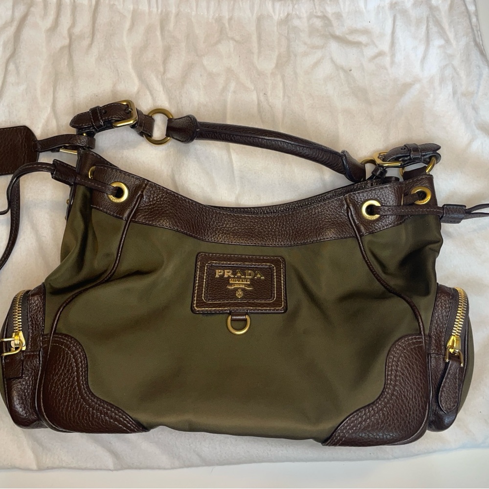 Vintage Green Nylon and Leather Prada Shoulder Bag